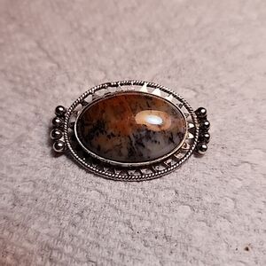Vintage Navajo Native American Petrified Wood Agate Sterling Silver Pin Brooch
